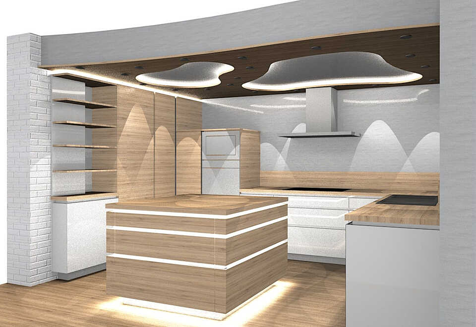 3D Planung der neuen Küche. Links Regalbretter und deckenhohe Schränke, vorne in der Mitte weiß beleuchteter Arbeitsblock mit Schubladen. Runde Deckenelemente.